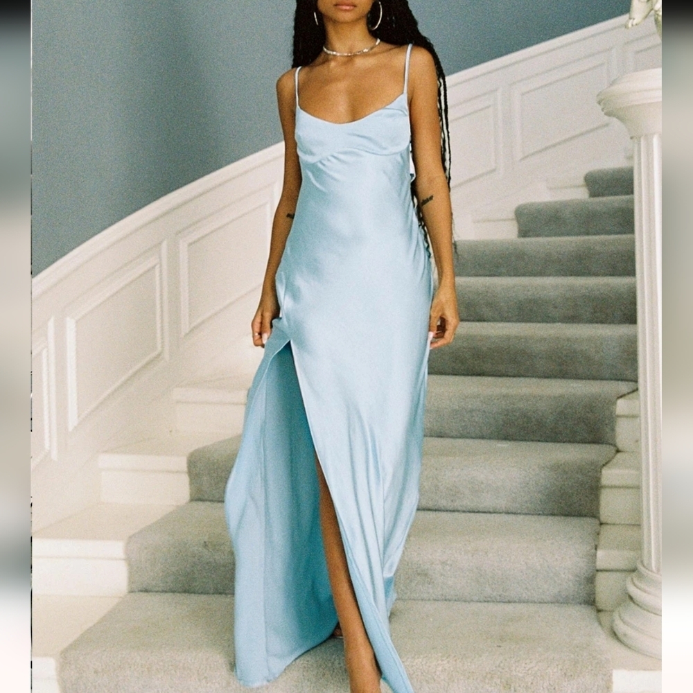 Princess Polly Light Blue Satin Maxi Slip Dress with Thigh Slit Size 6
